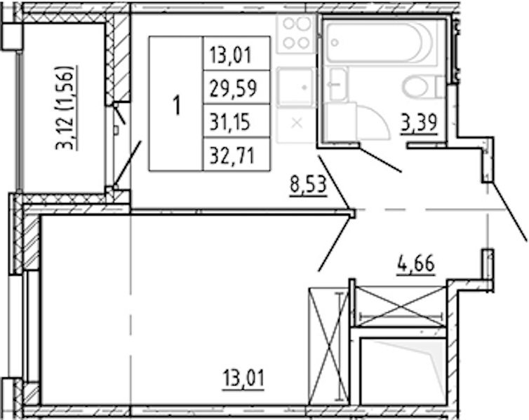 1-комнатная квартира 29.59 м², 12/12 эт., ЖК «Полис Новоселье»